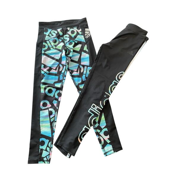 Adidas Girls AEROREADYLeggings Size S (7/8) 2-Pack BlackLogo & Colorblock Active - Picture 1 of 7